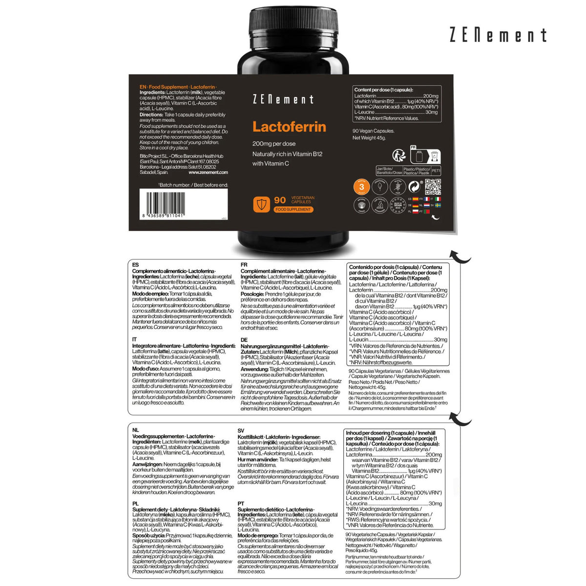 Lactoferrina 200 mg Zenement 90 Cápsulas Vegetarianas