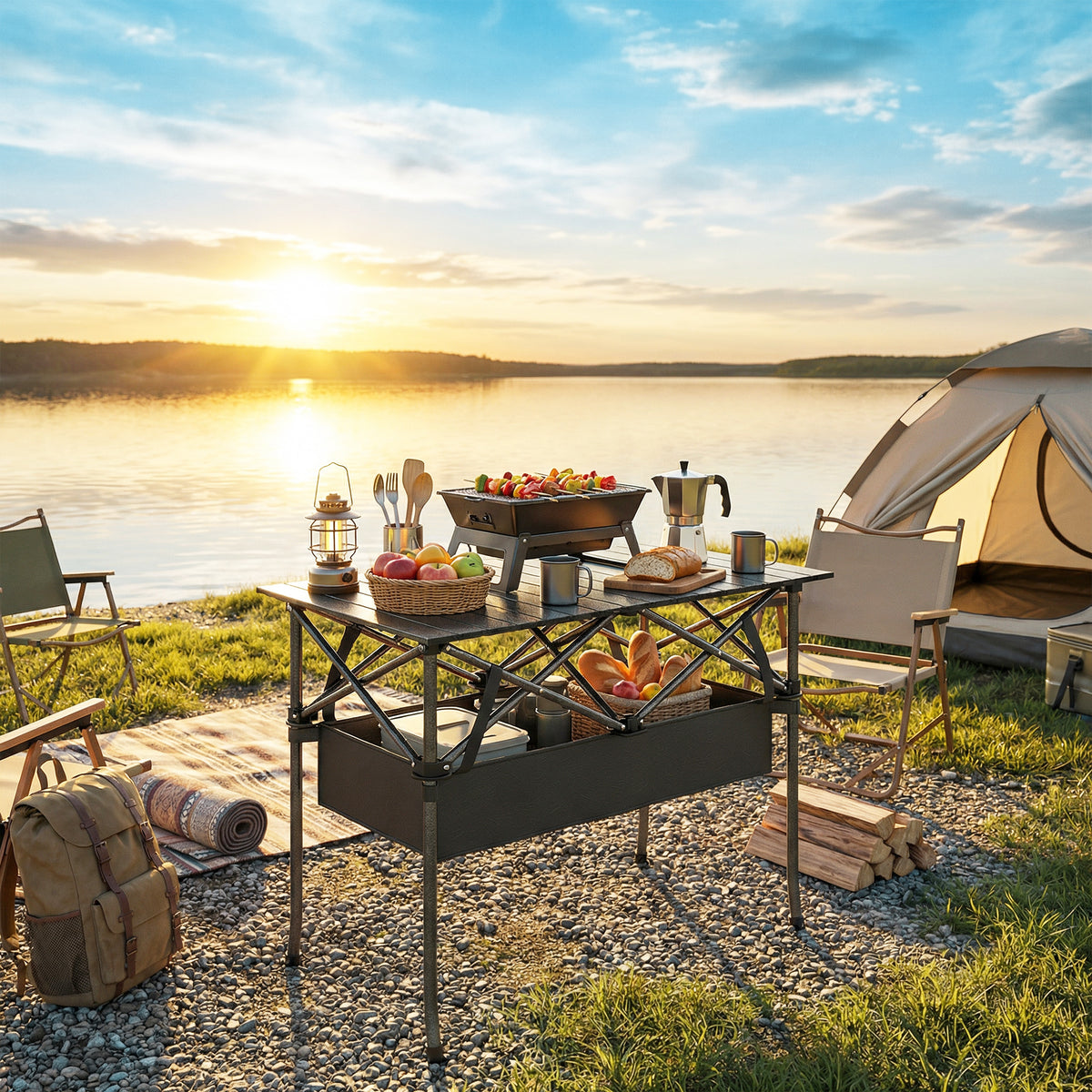 Mesa De Camping Outsunny Aluminio, Metal Negro 93x55x68 Cm_1