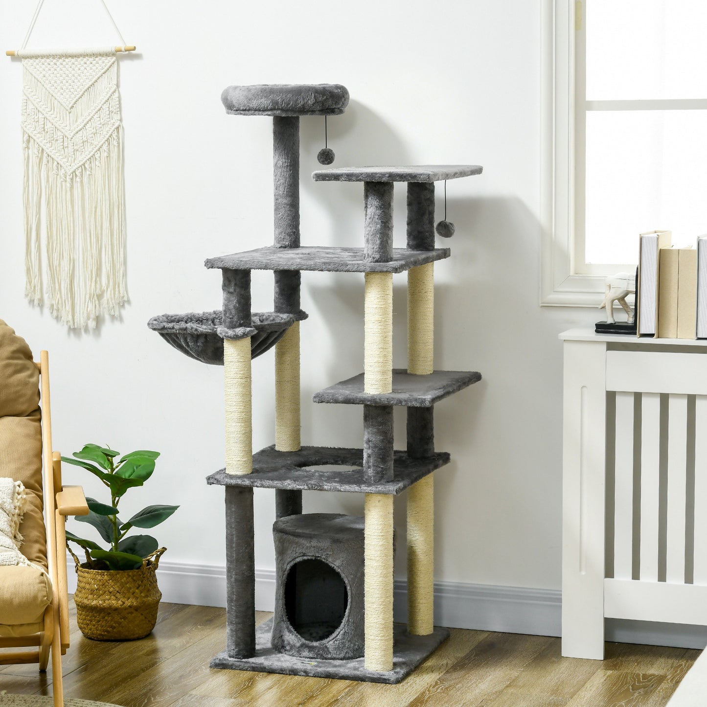 Pawhut Árbol Rascador Para Gatos Grande De 144 Cm Con Postes 49x49x144 Cm Gris_1