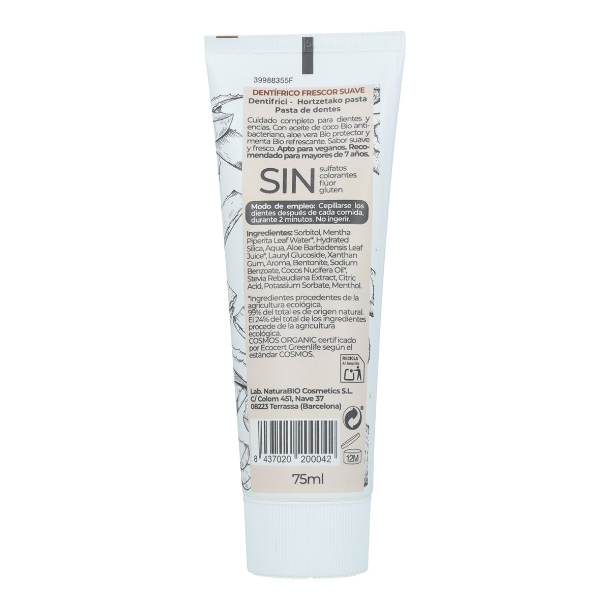 Dentífrico frescor suave Aloe Vera y Coco Bio NaturaBio 75ml