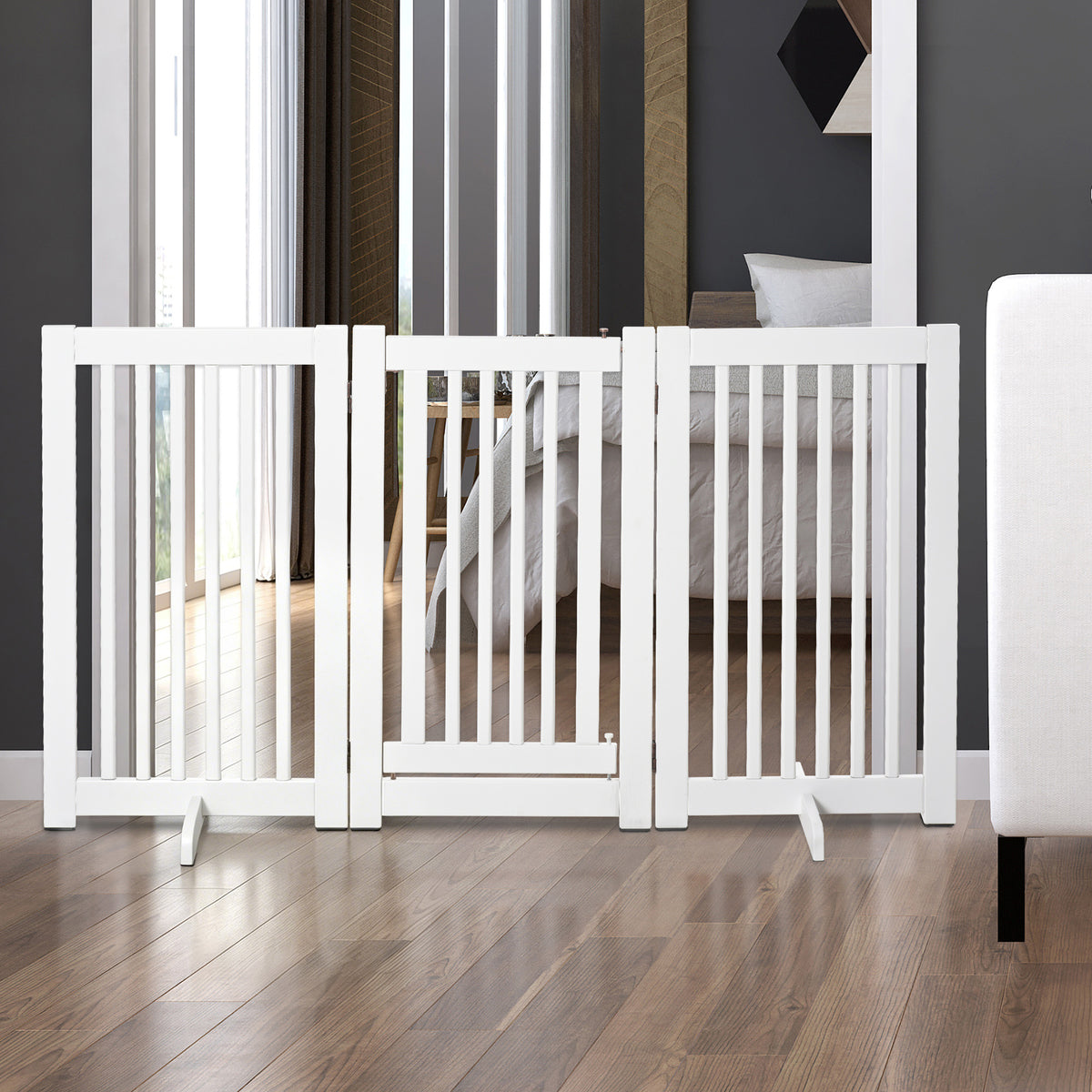 Pawhut Barrera Para Perros Plegable De Madera Con 1 Puerta 155x35,5x76 Cm Blanco_1
