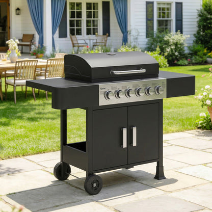 Outsunny Barbacoa De Gas Con 6 Quemadores 15 Kw Termómetro Mesas Laterales Negro_1