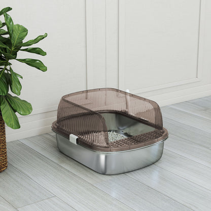Pawhut Arenero Para Gatos Cubierto Con Bandeja De Acero Bordes Altos Y Pala Gris_3