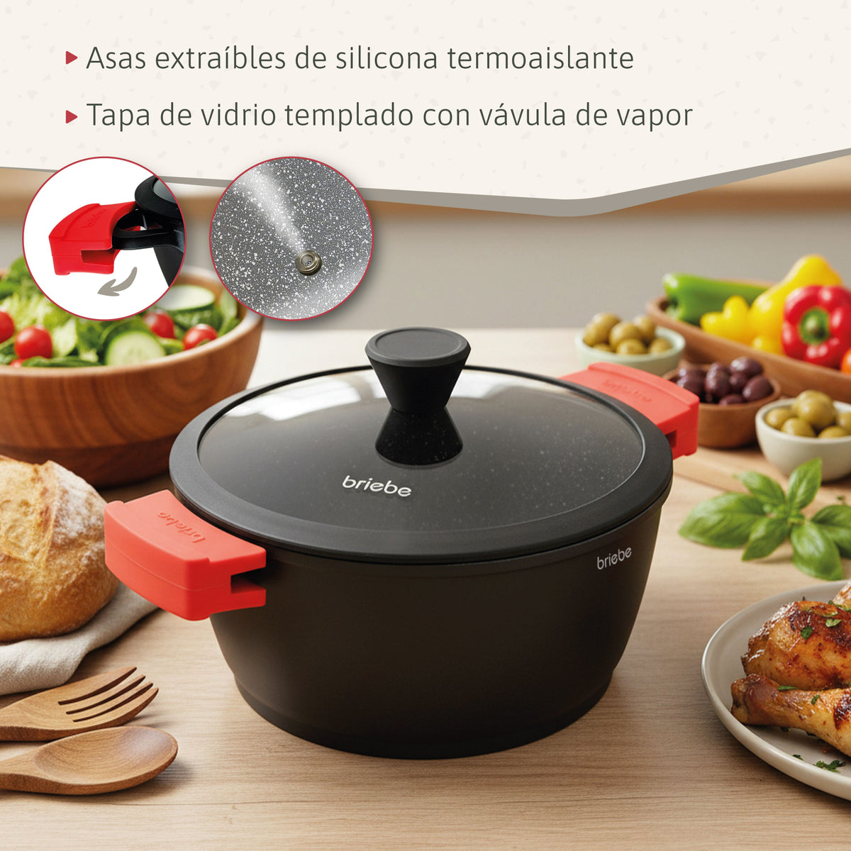 Briebe Cacerola Cocina Inducción Antiadherente Titanio, Cazuela 20cm, Aluminio Fundido Sin Pfoa, Tapa, Black Titanium_5