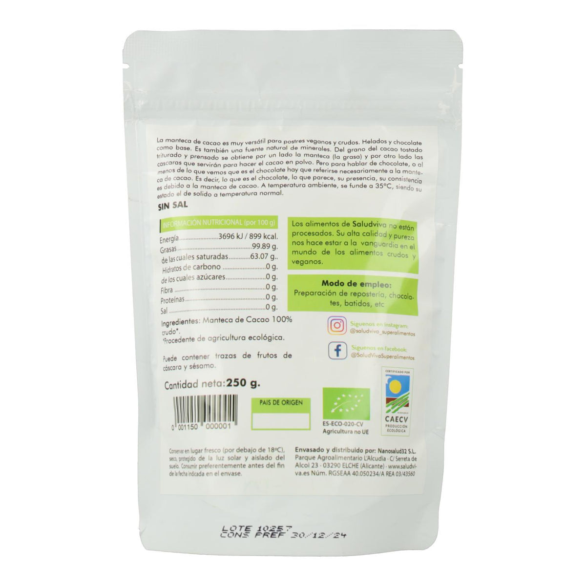 Manteca de cacao en obleas ECO 250 g, Salud Viva
