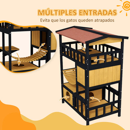 Pawhut Caseta Para Gatos De Madera 84x60x116 Cm Con Puente Colgante Natural_5
