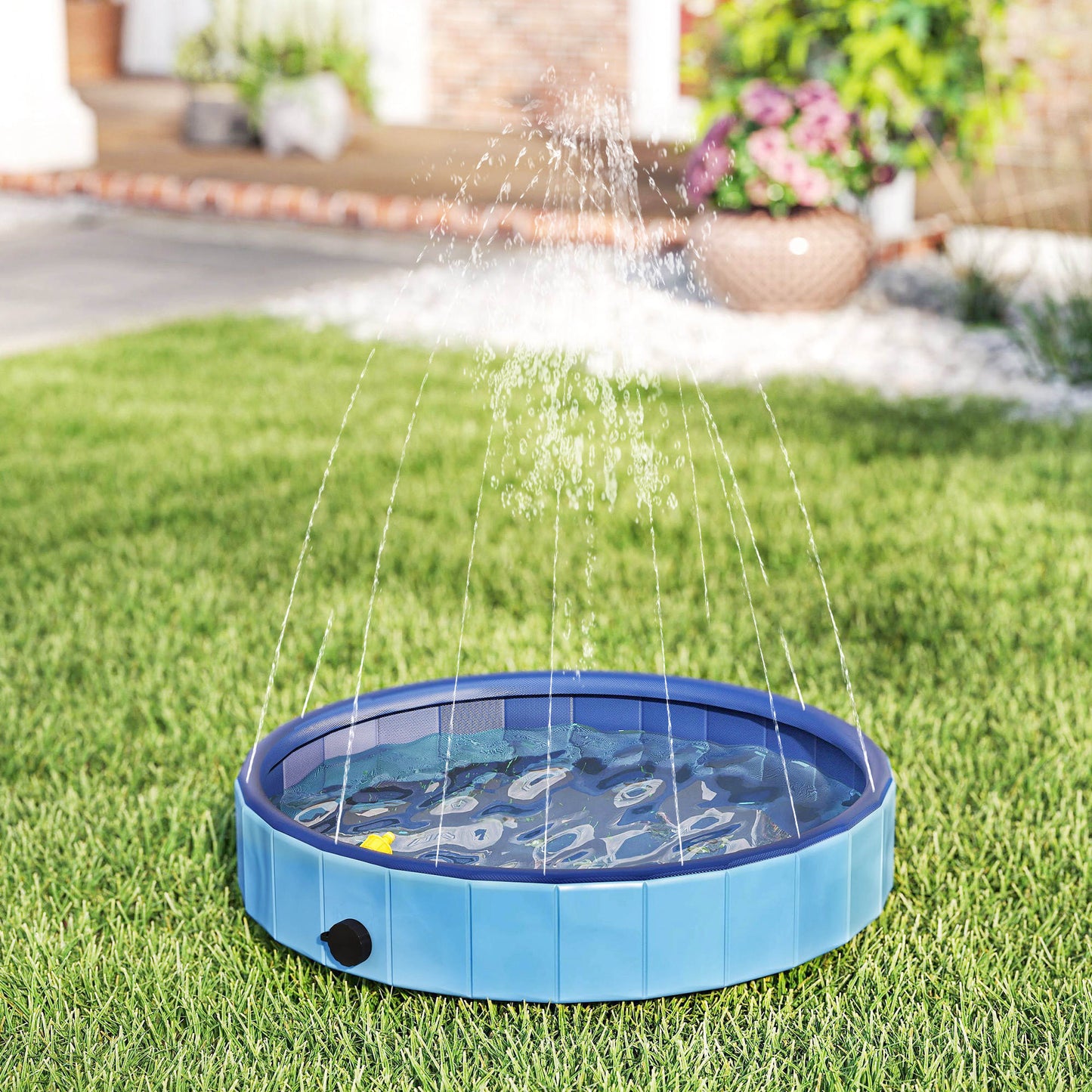 Pawhut Piscina Para Perros Plegable Con Aspersor Antideslizante Resistente Azul_1