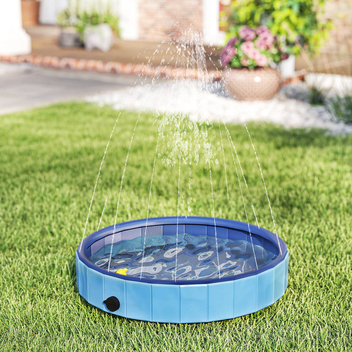 Pawhut Piscina Para Perros Plegable Con Aspersor Antideslizante Resistente Azul_1