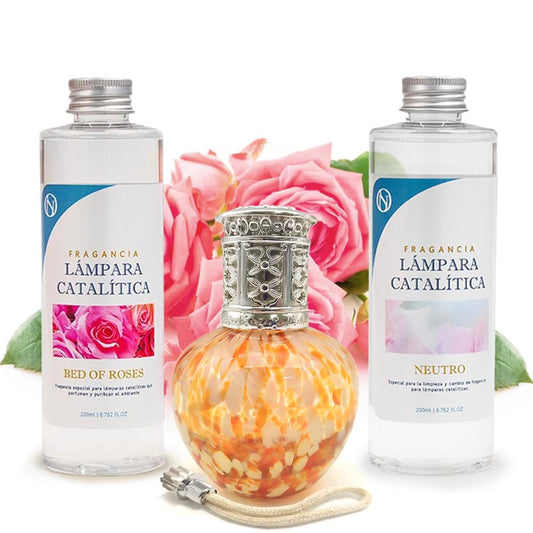 Pack Ahorro Lámpara Catalítica Drops Orange + Fragancia Bed Of Roses 500ml + Limpiador Neutro 200ml + Mecha Repuesto_0