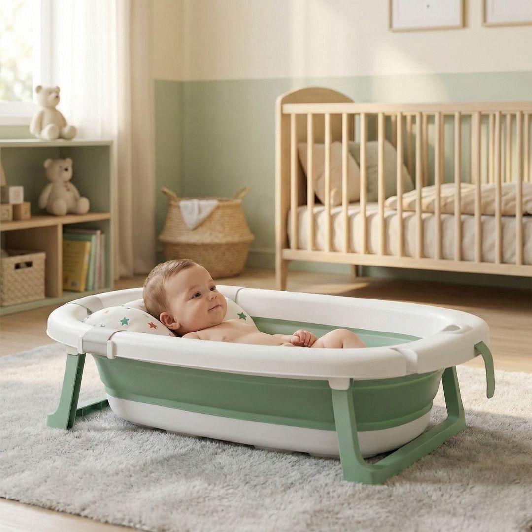 Bathby Bañera Bebé Plegable Verde, Cojín Reductor, Termómetro, Pies Antideslizantes (verde Pastel)_1