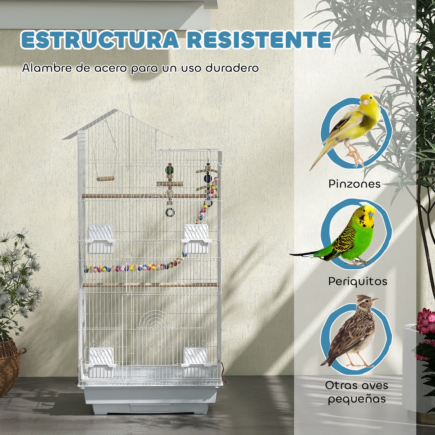Pawhut Jaula Para Pájaros Con Puertas 4 Comederos Columpio 46x36x100 Cm Blanco_5