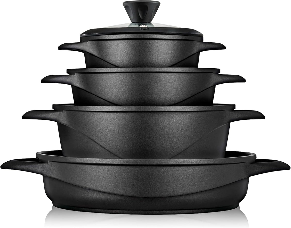 Briebe Batería De Cocina Inducción 8 Piezas Aluminio Fundido 4 Ollas Con Tapa De Cristal Antiadherente, Mgk-17s, Negro_0