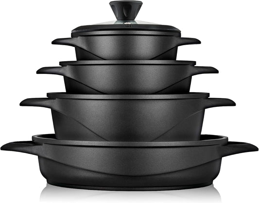 Briebe Batería De Cocina Inducción 8 Piezas Aluminio Fundido 4 Ollas Con Tapa De Cristal Antiadherente, Mgk-17s, Negro_0