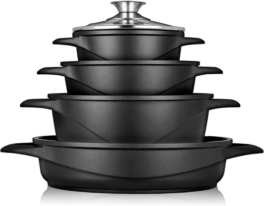 Briebe Batería De Cocina Inducción 8 Piezas Aluminio Fundido 4 Ollas Con Tapa De Cristal Antiadherente, Mgk-17, Negro_0