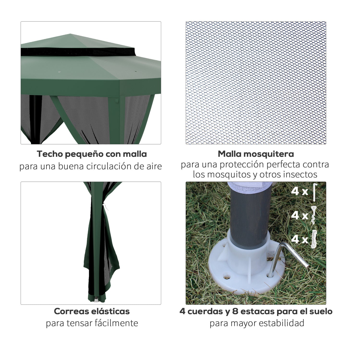 Outsunny Carpa De Jardín 3x3 M Con 4 Mosquiteras Laterales Techo Doble Verde_5