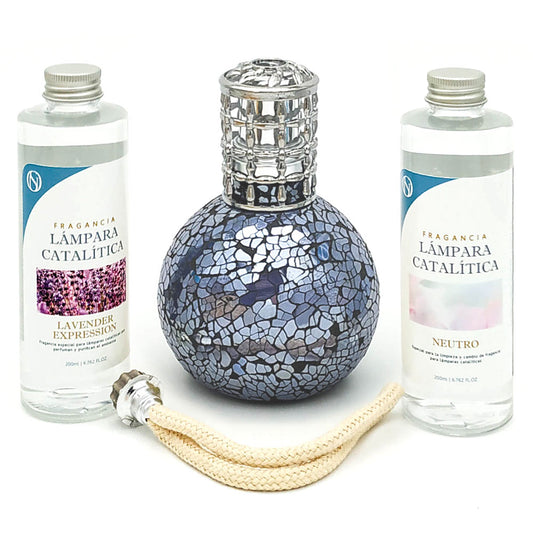Pack Lámpara Catalítica Mosaico Azul Océano + Fragancia Lavender Expression 200ml + Limpiador 200ml + Mecha De Repuesto_0