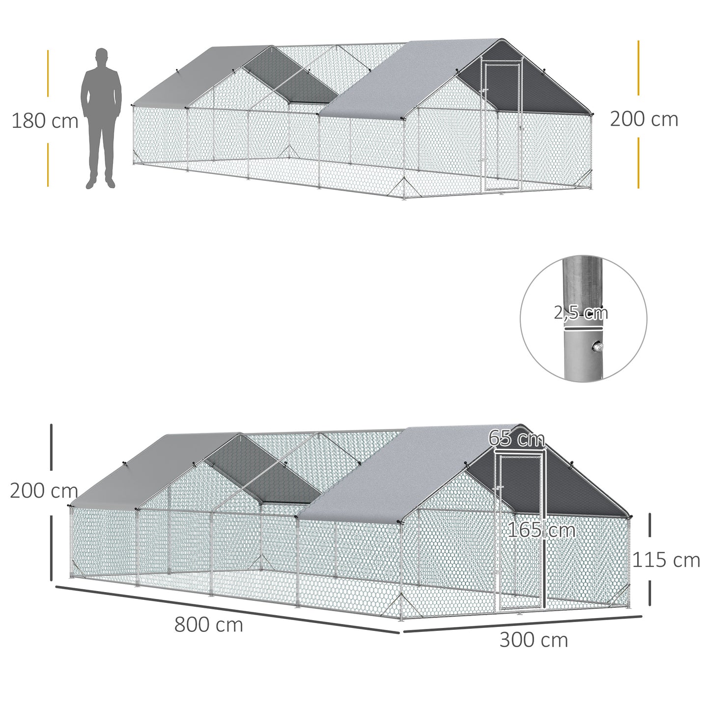 Pawhut Gallinero Para Exterior 24 M² 3x8x2m Con Cubierta De Pe Y Cerradura Plata_2