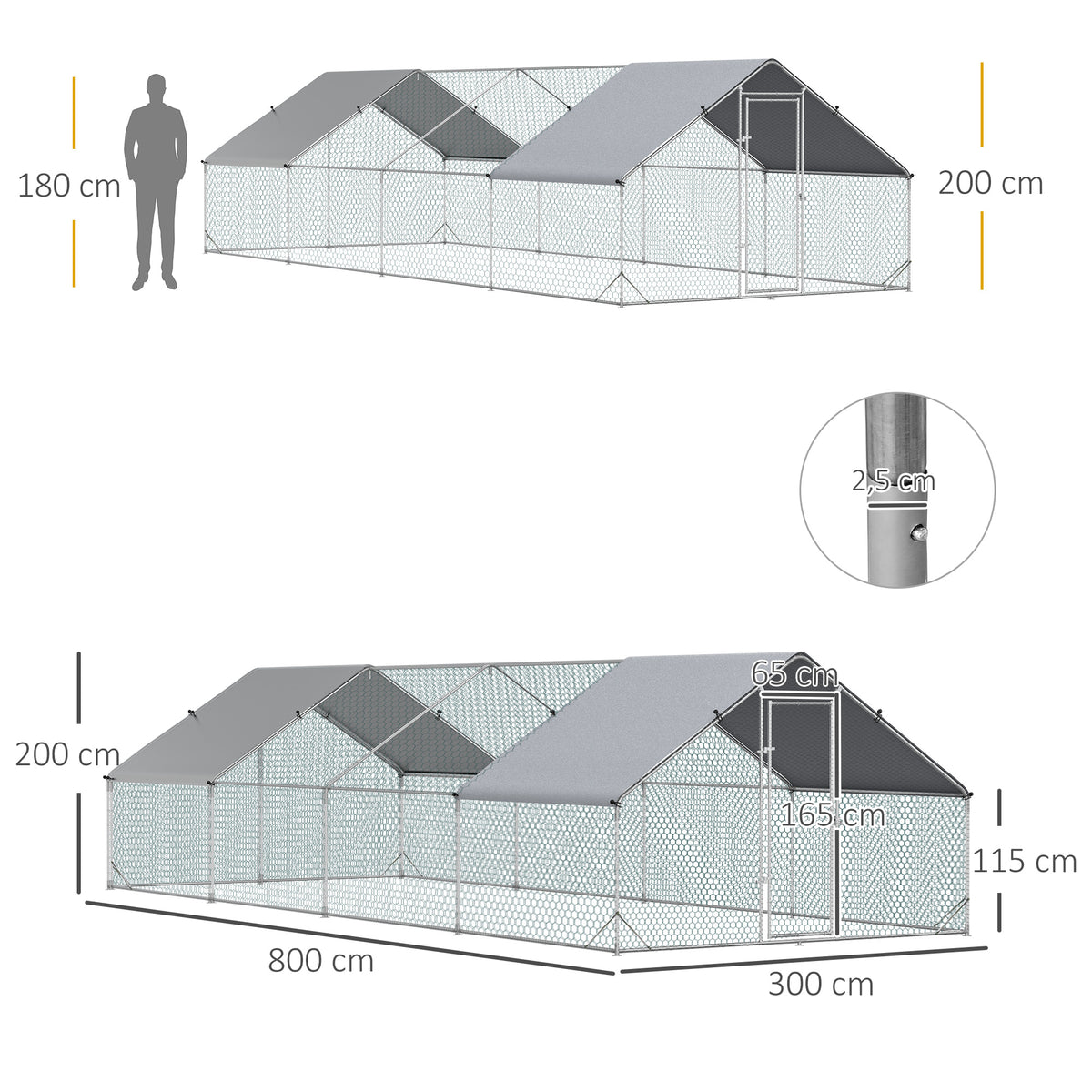 Pawhut Gallinero Para Exterior 24 M² 3x8x2m Con Cubierta De Pe Y Cerradura Plata_2