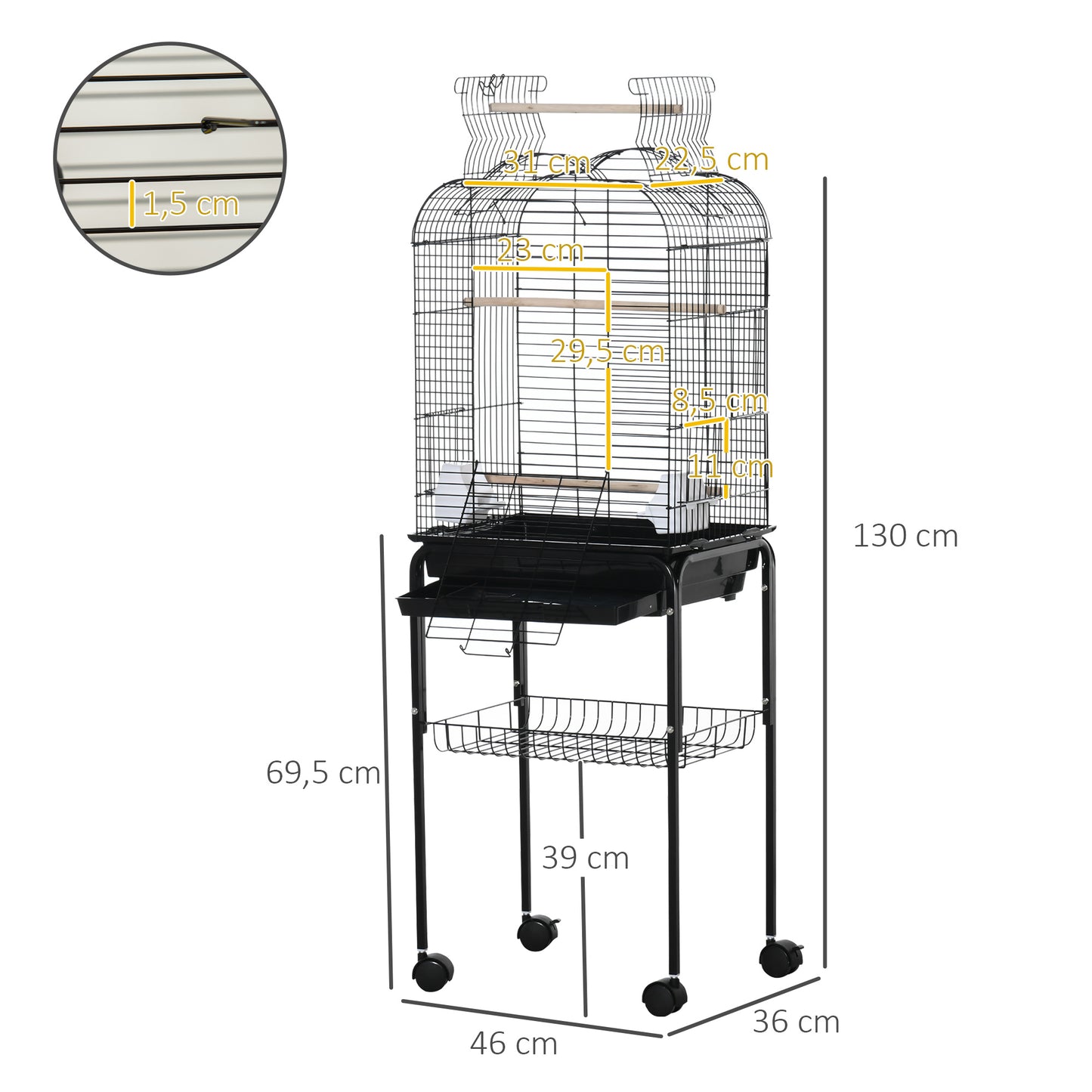 Pawhut Jaula Para Pájaros Con Soporte 4 Ruedas Techo Abrible 2 Comederos Estante_2