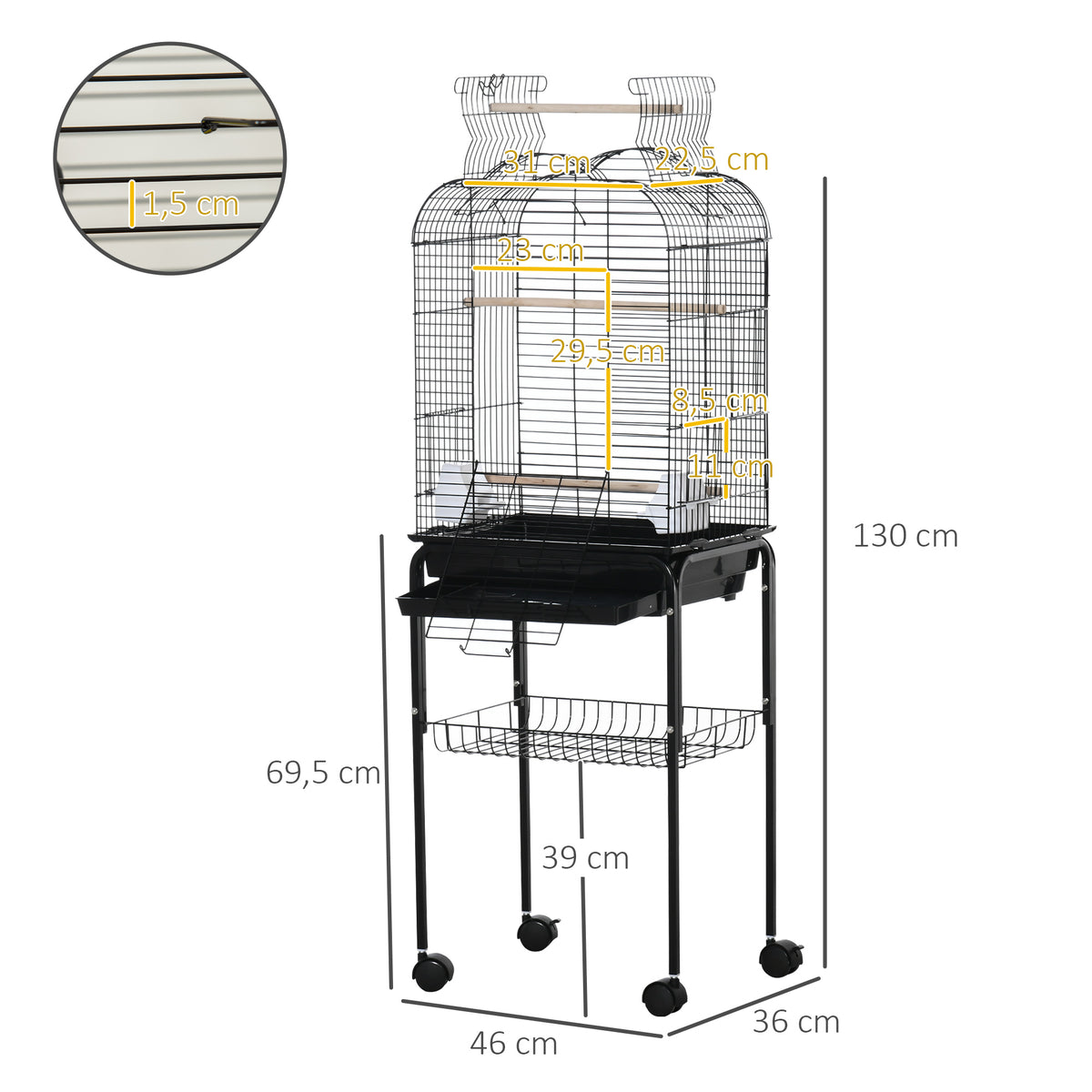 Pawhut Jaula Para Pájaros Con Soporte 4 Ruedas Techo Abrible 2 Comederos Estante_2