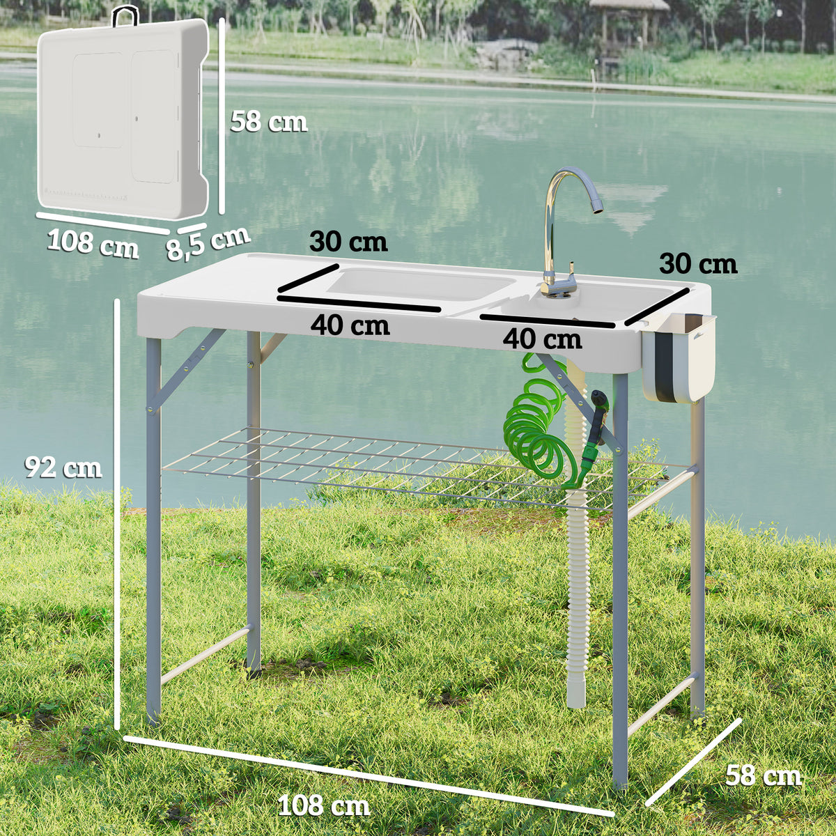 Outsunny Mesa Para Limpiar Pescado Portátil Con 2 Fregaderos Blanco_2
