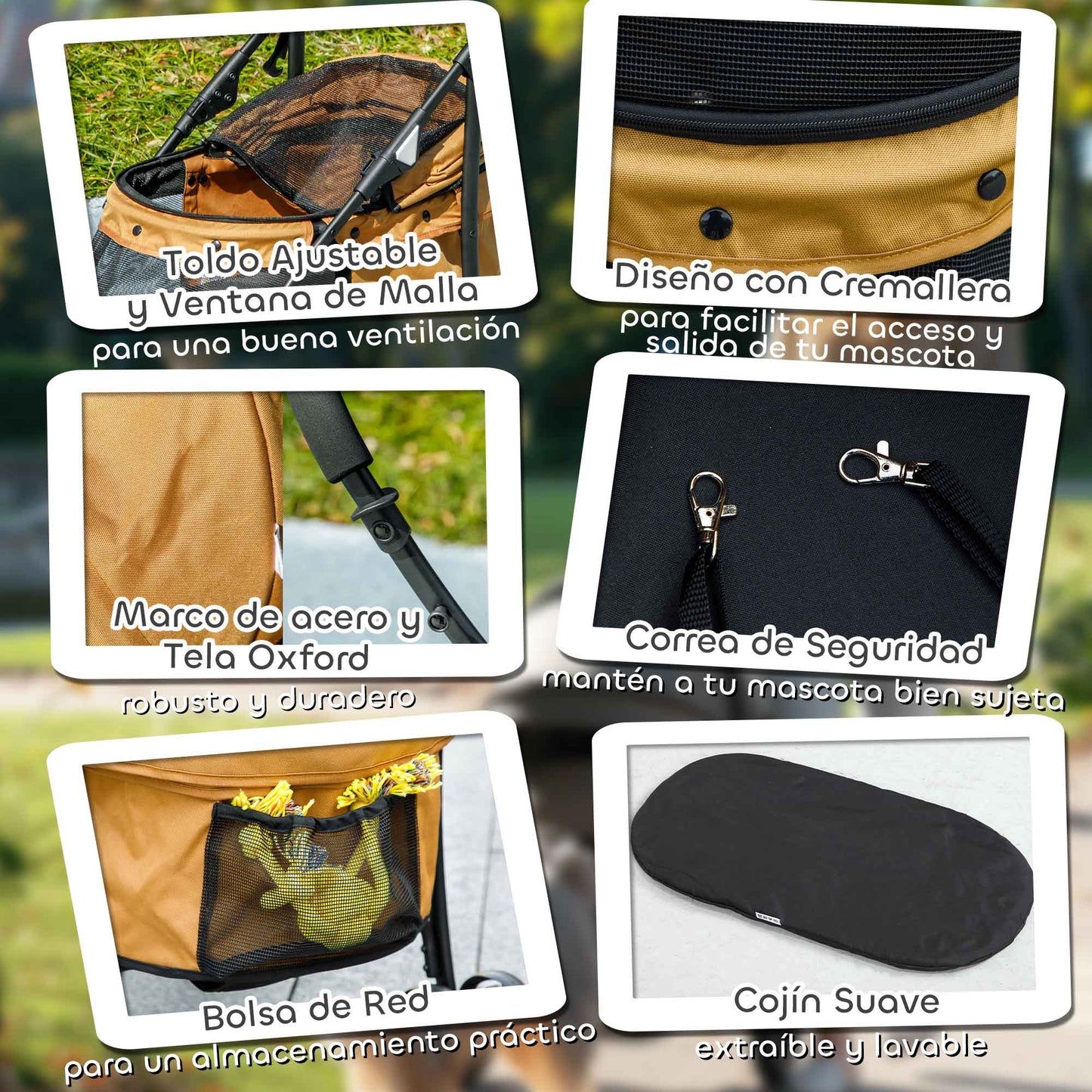 Pawhut Carrito Para Perros Plegable Con Ventanas De Malla Cojín Lavable Café_5