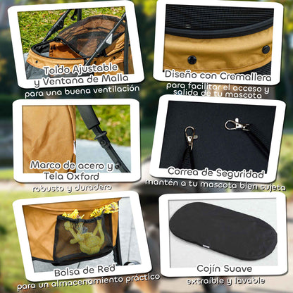 Pawhut Carrito Para Perros Plegable Con Ventanas De Malla Cojín Lavable Café_5