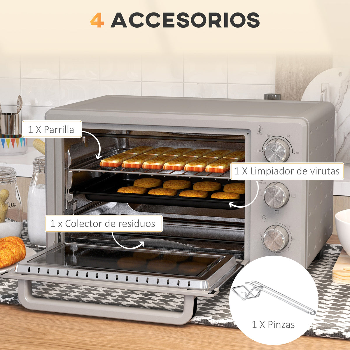 Homcom Horno Eléctrico De Sobremesa De 21l 1400w Con Temporizador Plateado_5