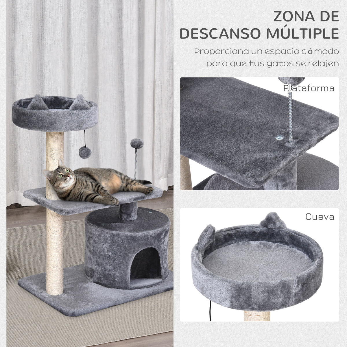 Árbol Rascador Para Gatos Con Cama Plataforma Refugio Poste 60x40x81 Cm Gris_4
