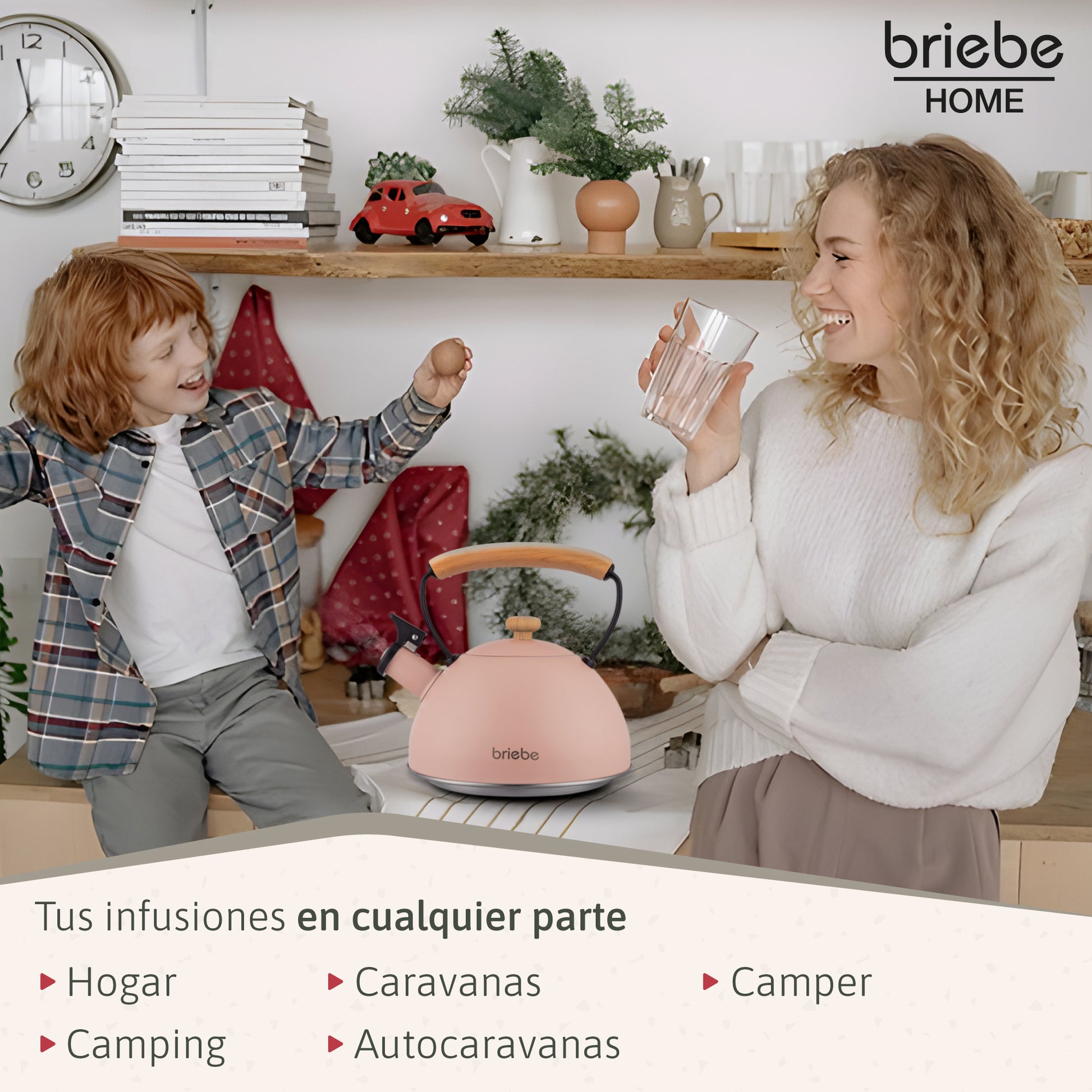 Briebe Tetera Con Silbato, Hervidor De Agua 2,3l, Inducción, Acero Inox, Vintage, Mango Madera, Pastel, Rosa_4