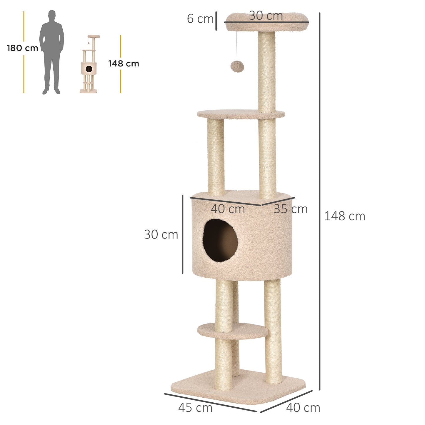 Pawhut Árbol Para Gatos Altura 148 Cm Con Postes De Sisal Y 3 Plataformas Beige_2