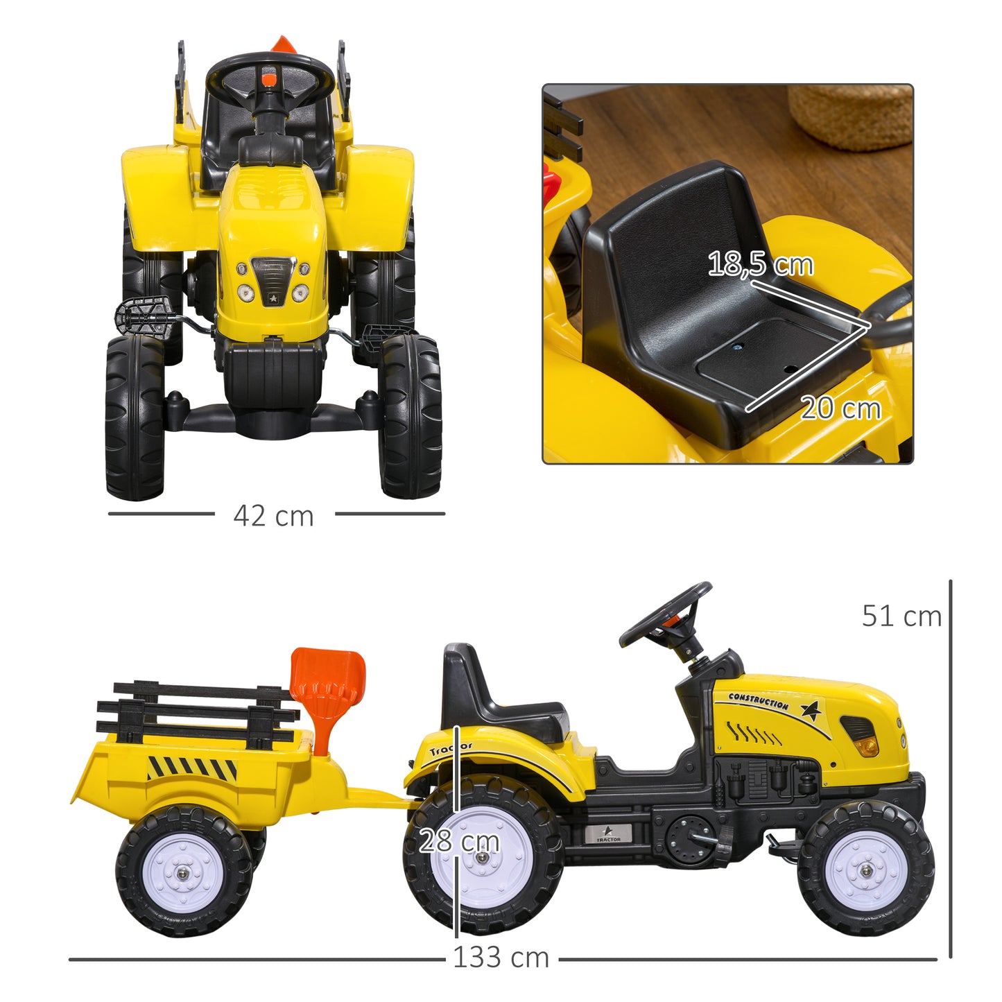 Homcom Tractor A Pedales Para Niños De 3 Años Con Remolque 133x42x51 Cm Amarillo_2