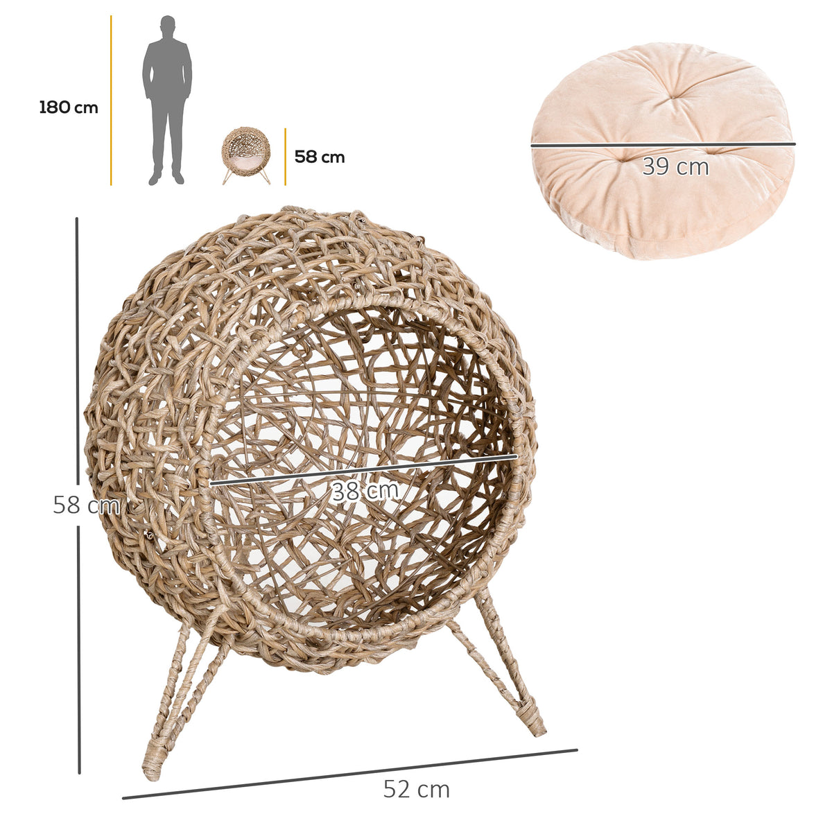 Pawhut Cueva De Ratán Con Cojín Para Gatos Base Elevada Con 3 Patas Φ52x58 Cm_2
