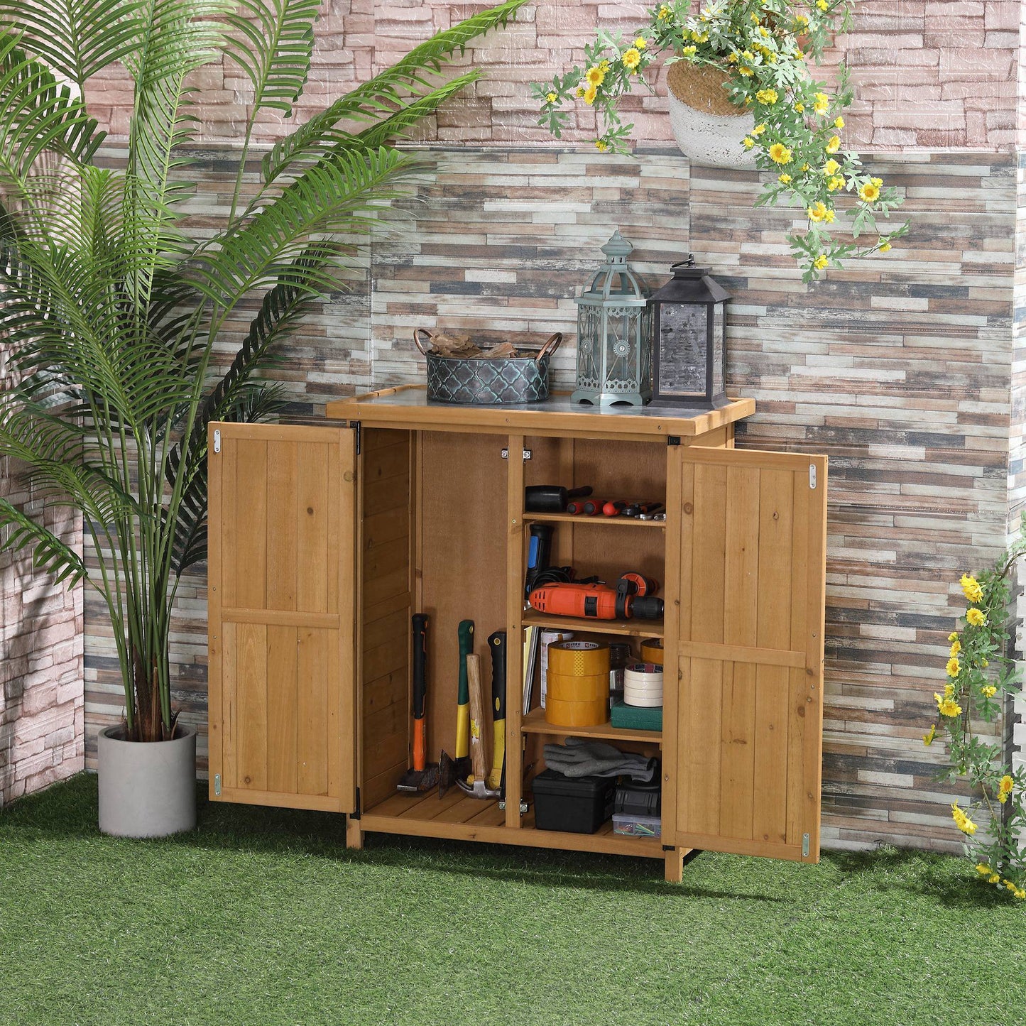 Outsunny Armario De Madera Jardín Almacenaje De Herramientas 75x40x90 Cm Natural_1
