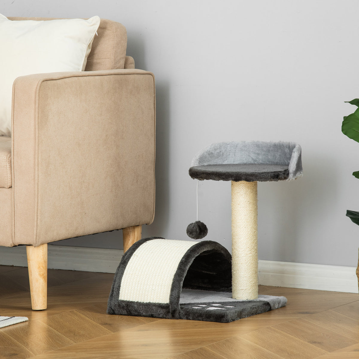 Pawhut Árbol Rascador Para Gatos 2 Niveles Con Poste Tablero Para Rascar Gris_1