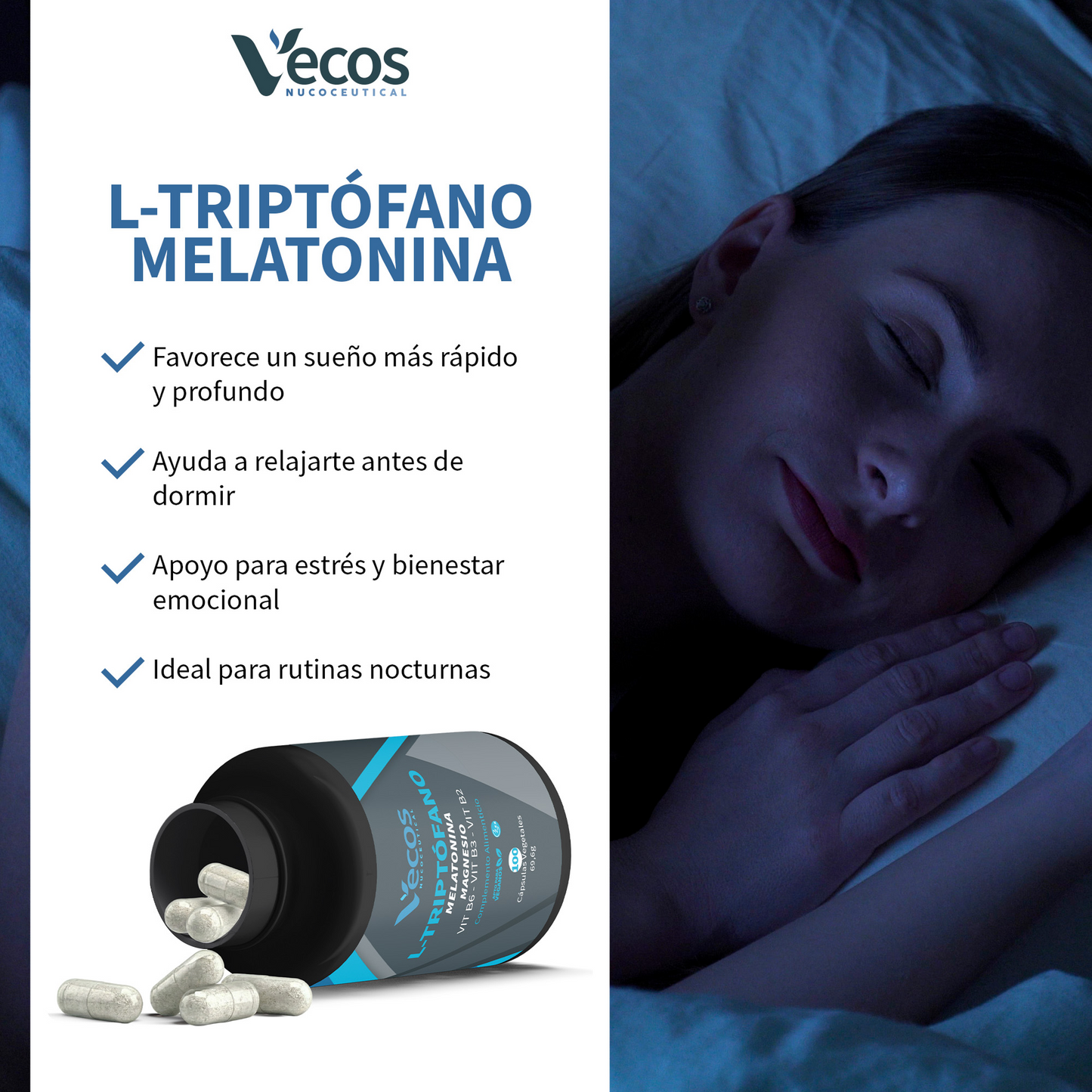 L-triptófano + Melatonina Vecos 100 Cápsulas | Conciliar El Sueño Y Descanso | Con Magnesio Y Vitamina B6_3