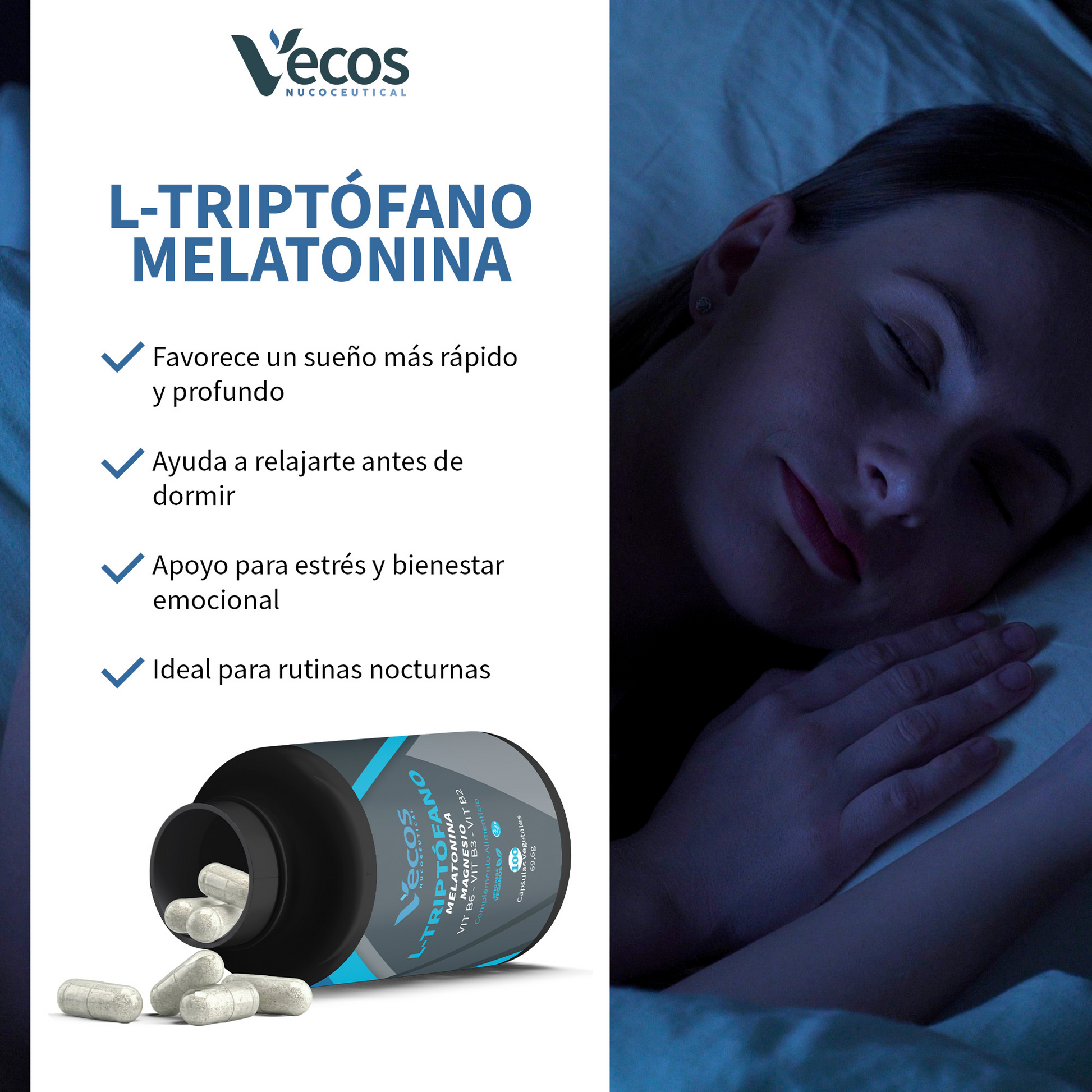 L-triptófano + Melatonina Vecos 100 Cápsulas | Conciliar El Sueño Y Descanso | Con Magnesio Y Vitamina B6_3