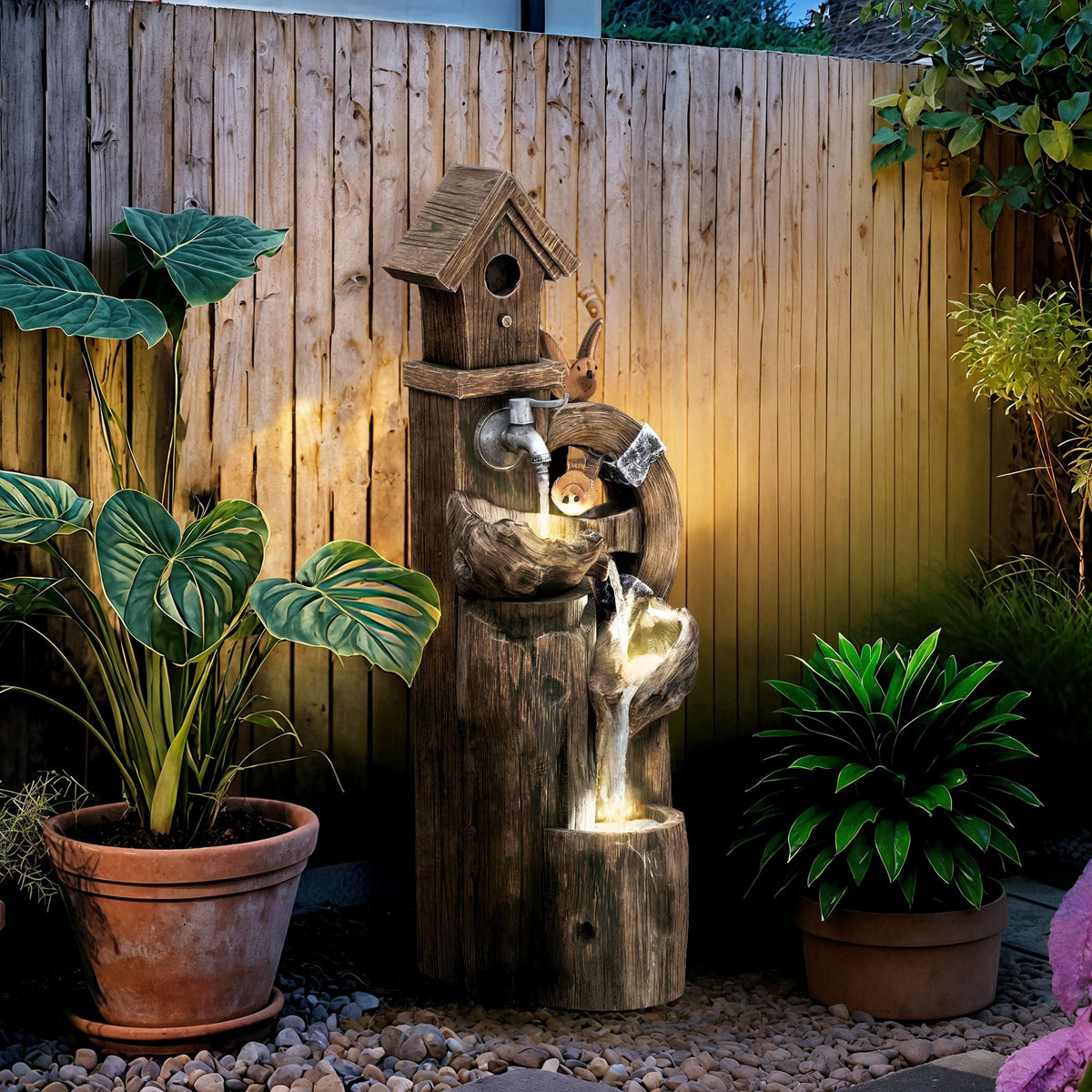 Outsunny Fuente De Agua Con Casita Para Pájaros Iluminación Led Multicolor_1