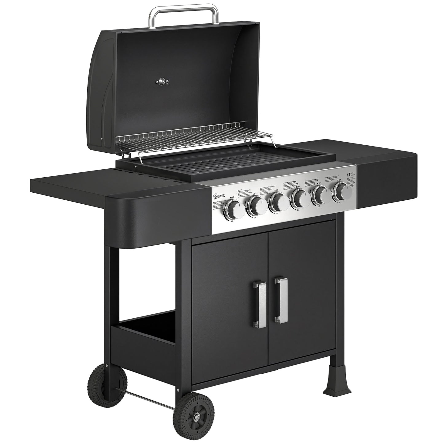 Outsunny Barbacoa De Gas Con 6 Quemadores 15 Kw Termómetro Mesas Laterales Negro_0