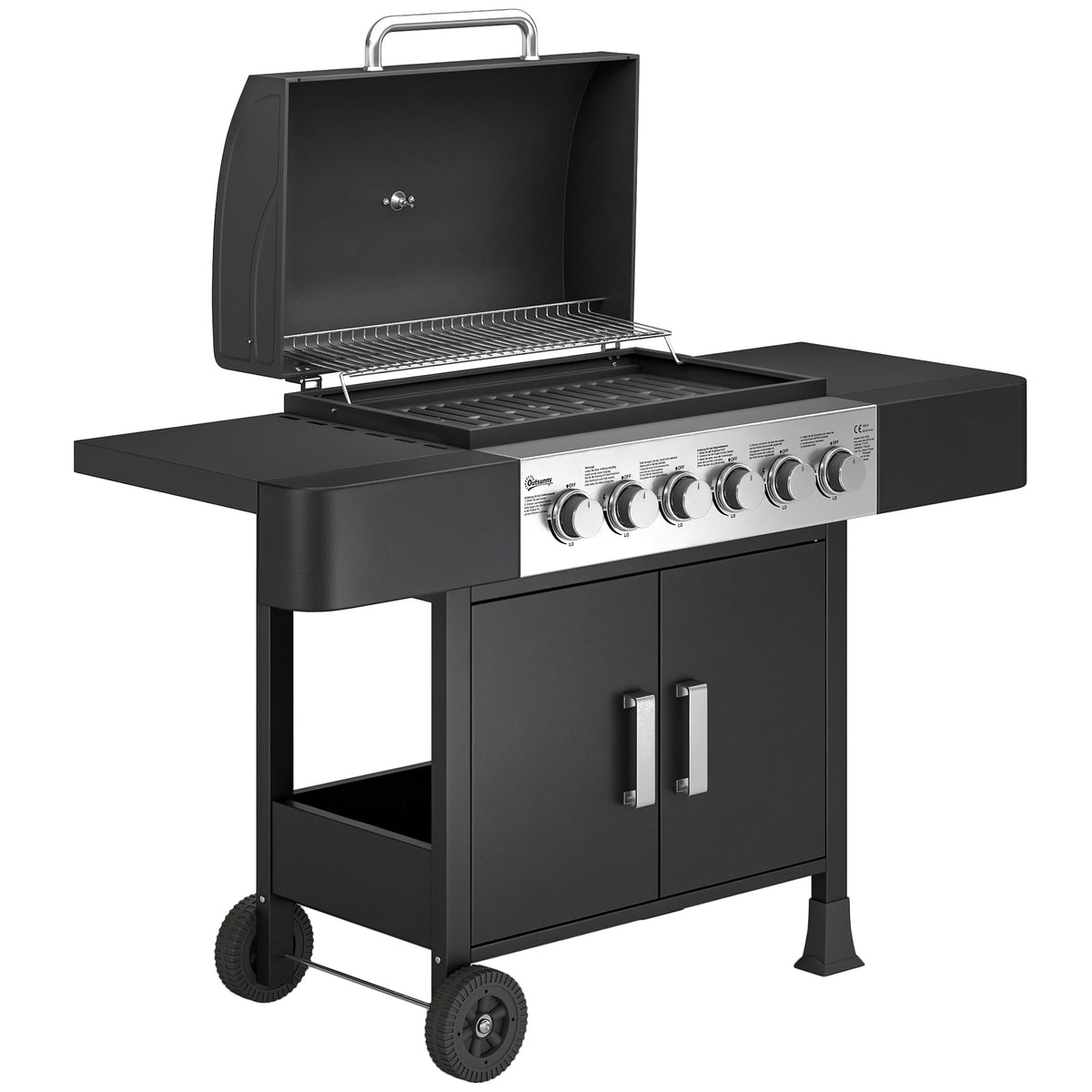 Outsunny Barbacoa De Gas Con 6 Quemadores 15 Kw Termómetro Mesas Laterales Negro_0