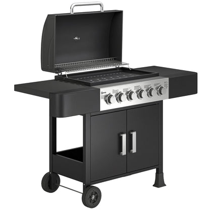 Outsunny Barbacoa De Gas Con 6 Quemadores 15 Kw Termómetro Mesas Laterales Negro_0