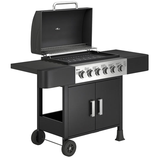 Outsunny Barbacoa De Gas Con 6 Quemadores 15 Kw Termómetro Mesas Laterales Negro_0