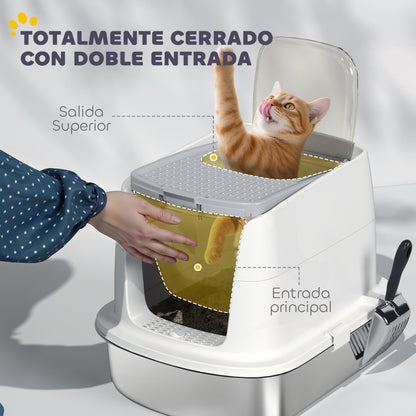 Pawhut Arenero Para Gatos De Acero Inoxidable L Con Tapa Abatible Blanco_4