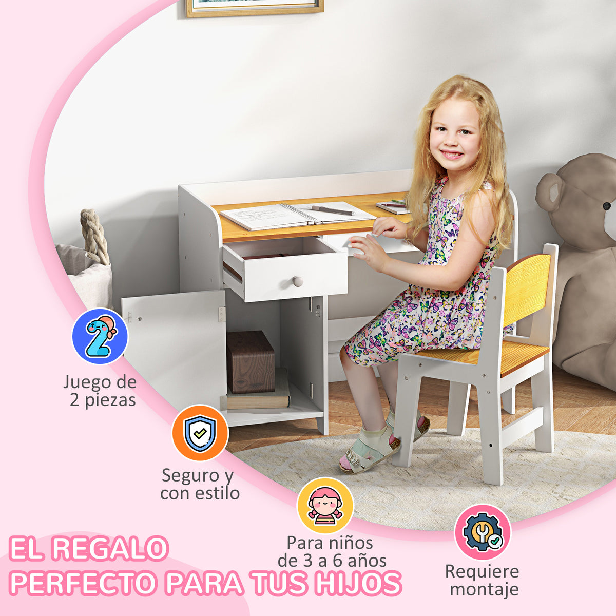 Secretária E Cadeira Para Crianças Zonekiz Mdf Branco E Natural 80x39x59 Cm_5