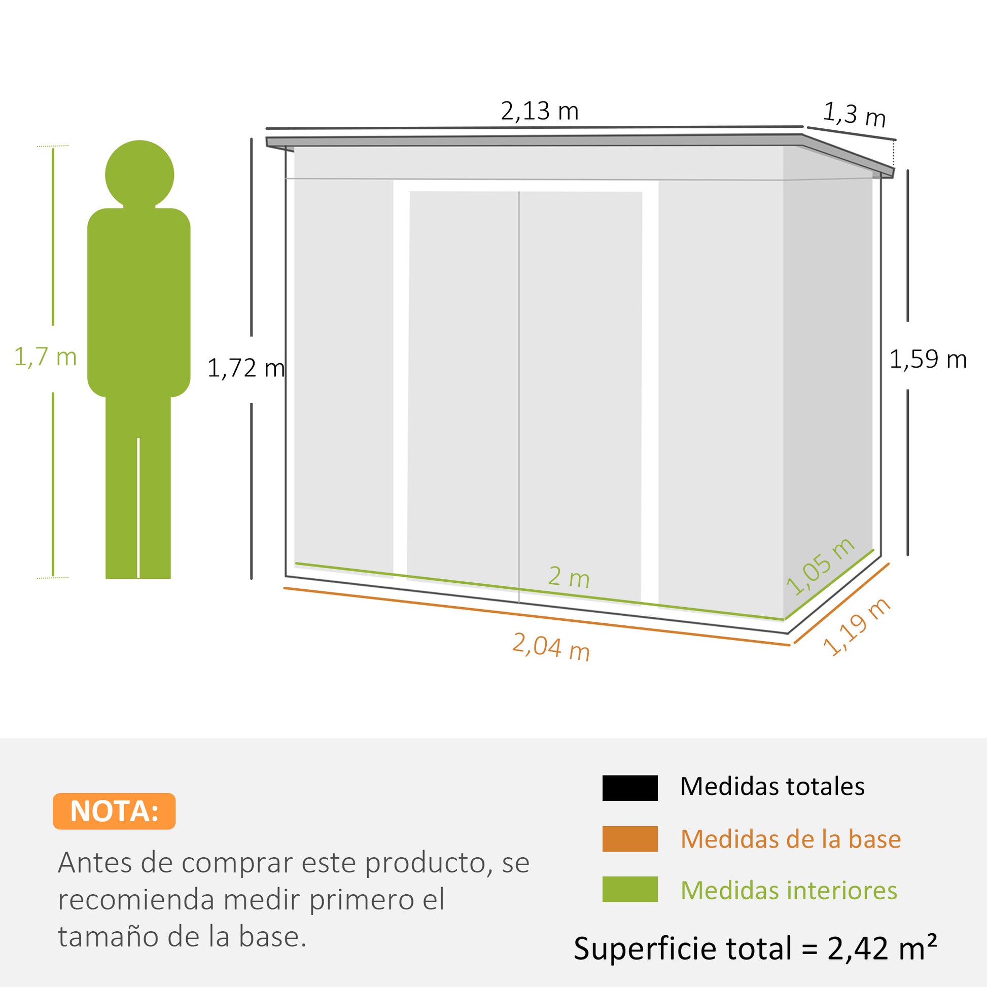 Outsunny Caseta De Jardín Exterior 2,42 M² 213x130x172 Cm Con Puerta Corredera_2