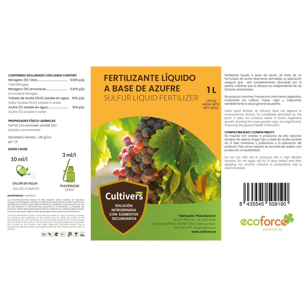 Azufre Sistémico Para Plantas Cultivers 5 L_1