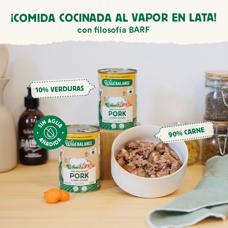 Pack 6x Cerdo y verduras BARF para perros 400 g + Regalos: Tapa reutilizable para latas, Wild Balance