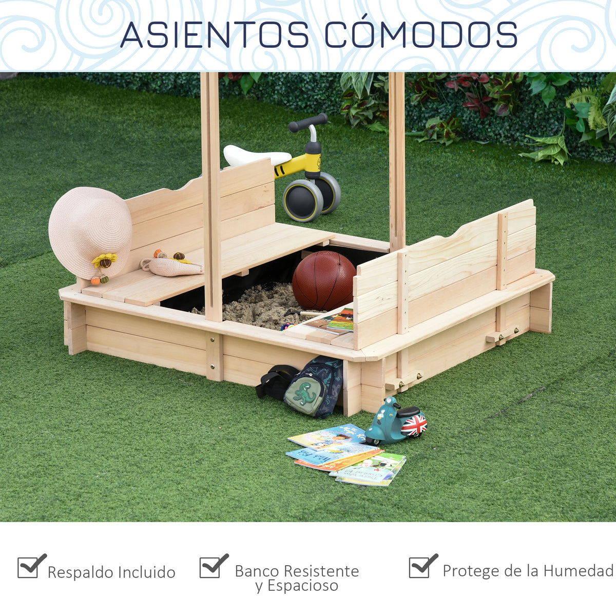 Outsunny Arenero Para Niños De Madera Con Toldo Ajustable 106x106x115 Cm_5