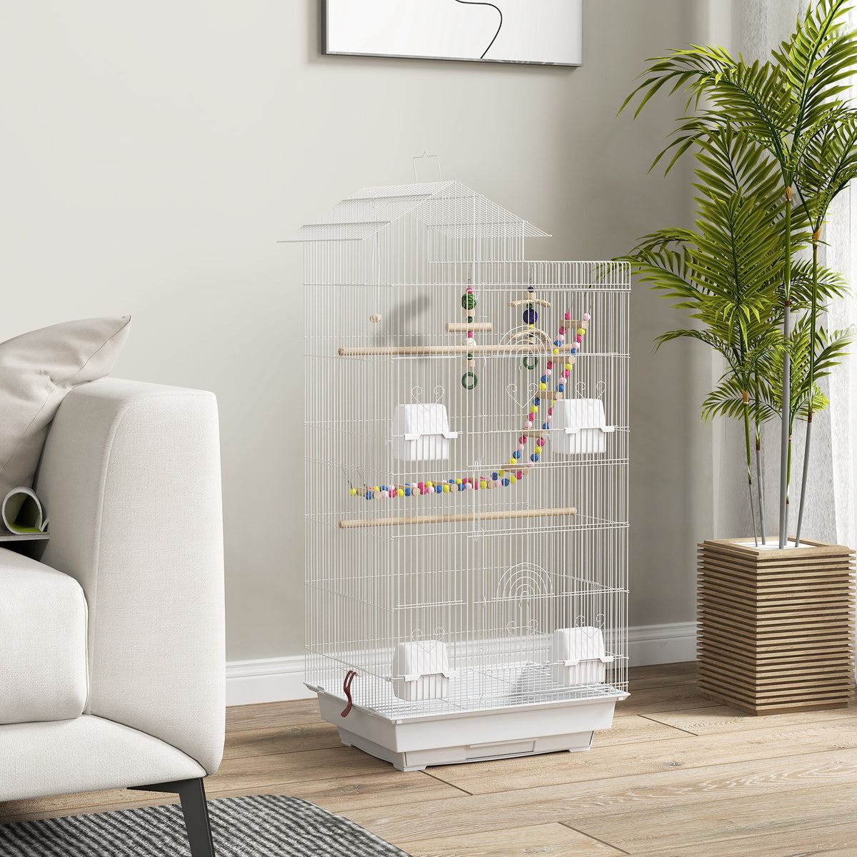 Pawhut Jaula Para Pájaros Con Puertas 4 Comederos Columpio 46x36x100 Cm Blanco_1