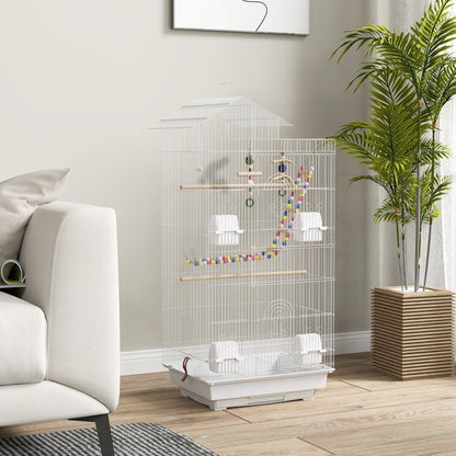 Pawhut Jaula Para Pájaros Con Puertas 4 Comederos Columpio 46x36x100 Cm Blanco_1